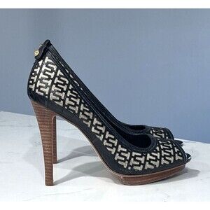 Tory Burch Heels Womens 9.5 Peep Toe Stiletto Platform Logo Leather Linen